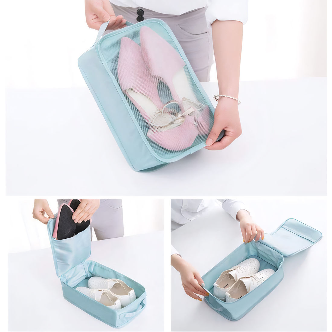 Kit Organizador Colorful Life, Organizador Porta Sapato Turquesa e Kit Frasco 9 Peças Celeste