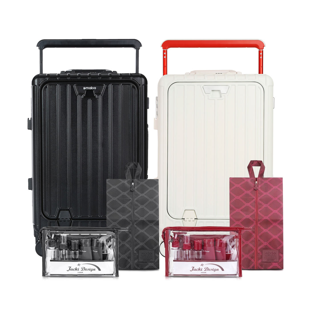 Kit de Mala Pequena de Bordo Islândia Preto e Branca, Kit Frasco 10 pcs Premium Preto e Vinho com Bolsa Porta Sapato Preto e Vinho