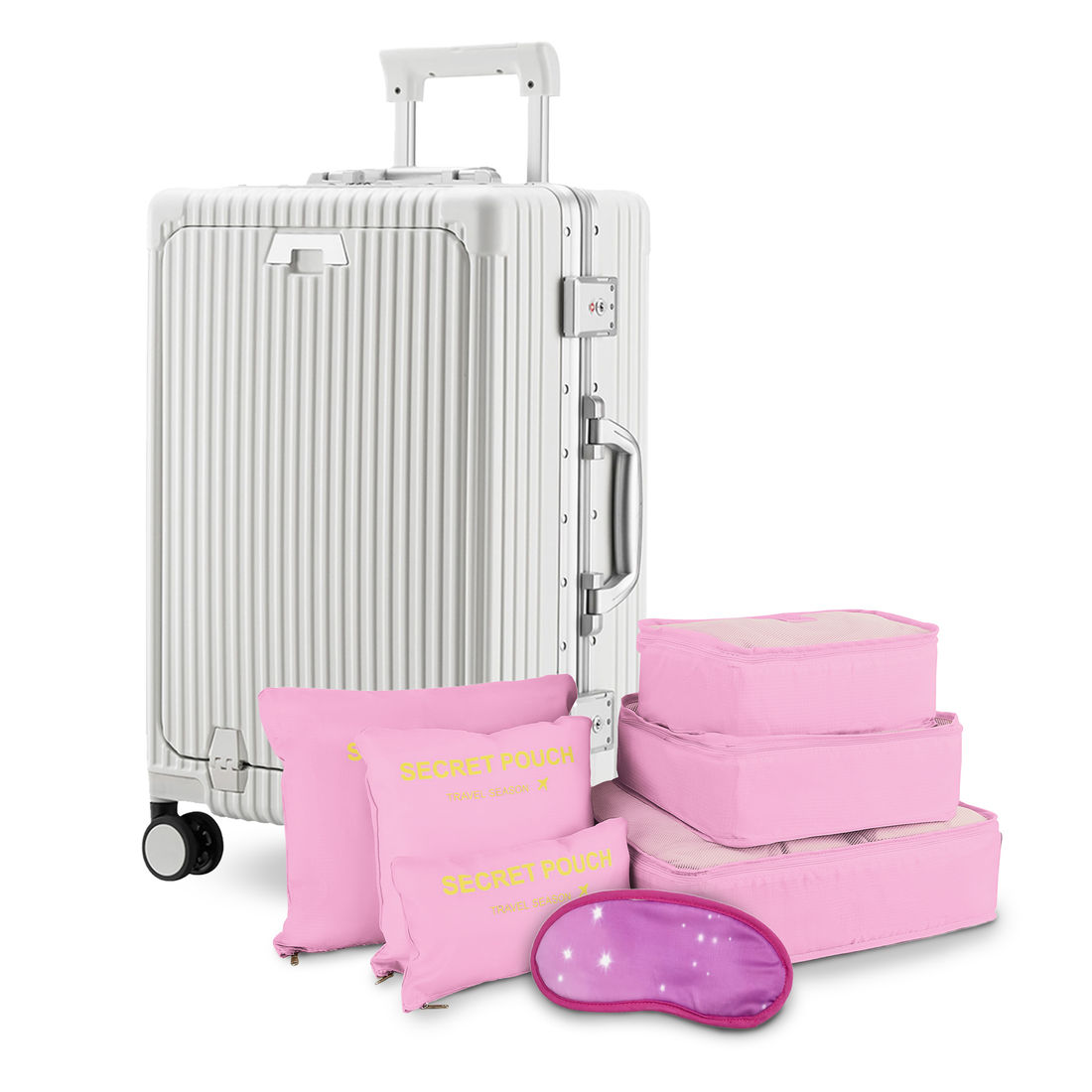 Kit de Mala Pequena de Bordo 10 kg Suécia Branco, Kit Organizador 6 Pcs e Mascara de Dormir Rosa