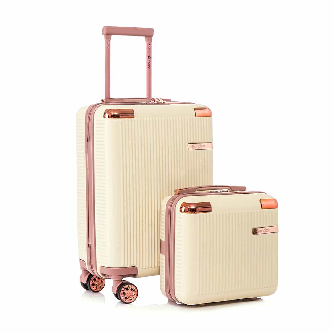 Kit de Mala Pequena de Bordo 10 kg Croácia  Bege, Porta Sapato Rosa, Kit Frasco 7 Peças Rosa e Tag Good Travel Rosa