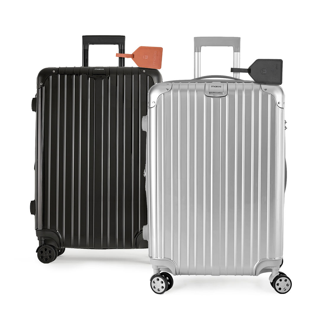 Kit de Mala Pequena de Bordo Brasil Preta e Prata com Tag de Couro Preta e Marrom Kit de Mala Pequena de Bordo Brasil Preta e Prata com Tag de Couro Preta e Marrom