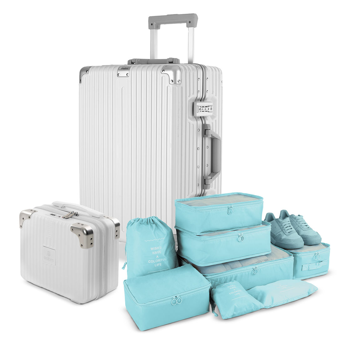 Kit de Mala Pequena de Bordo 10 kg Noruega Branco, Frasqueira Bali e Kit Organizador Colorful Life Acqua Kit de Mala Pequena de Bordo 10 kg Noruega Branco, Frasqueira Bali e Kit Organizador Colorful Life Acqua