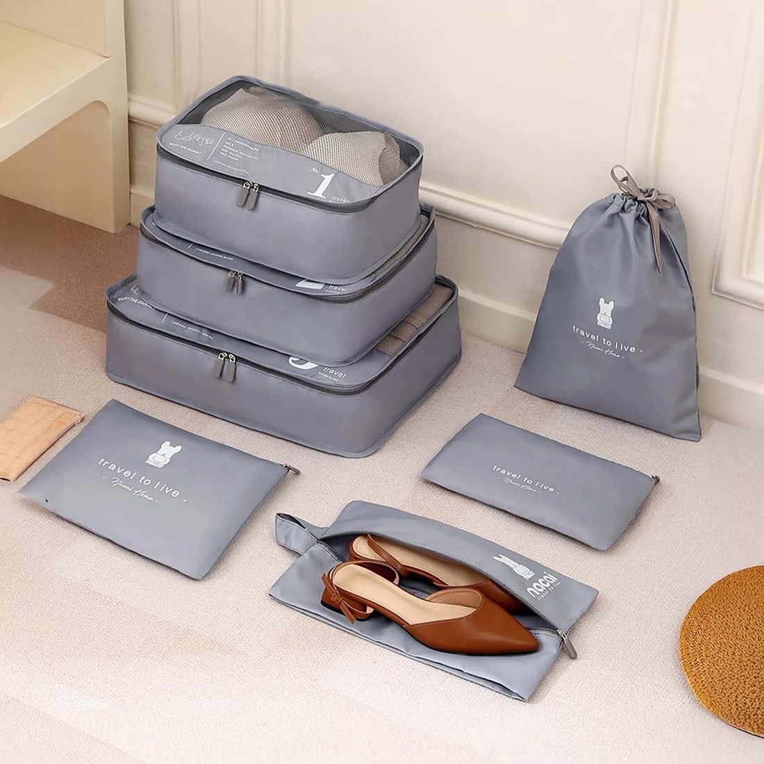 Kit de Mala Pequena de Bordo Brasil Preta e Prata, Tag de Couro Preta e Marrom e 2 Kits Organizadores Travel to Live