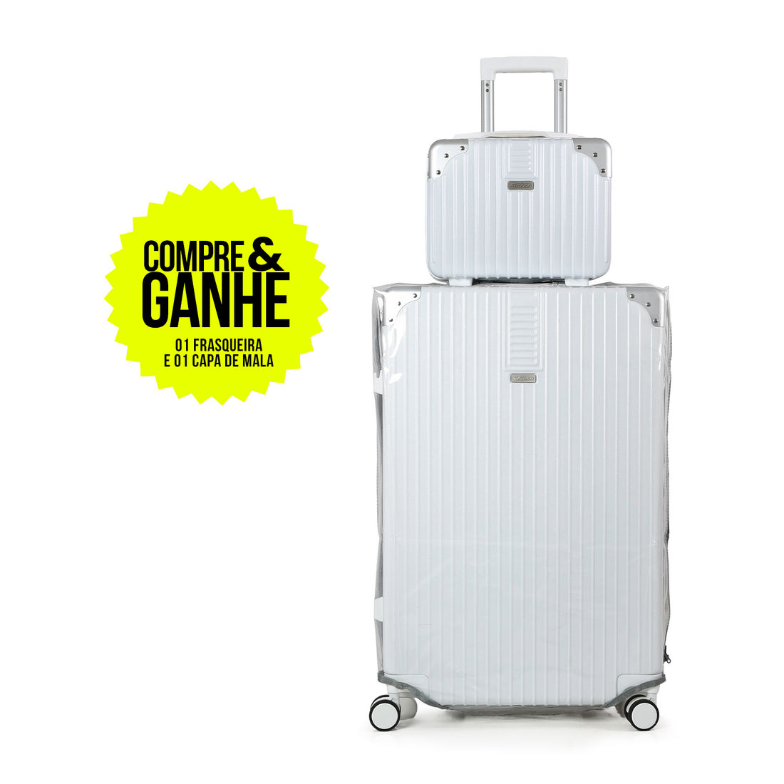 Compre Mala de Viagem Toronto Branco Grande 32kg em ABS Policarbonato e Ganhe Frasqueira e Capa Transparente