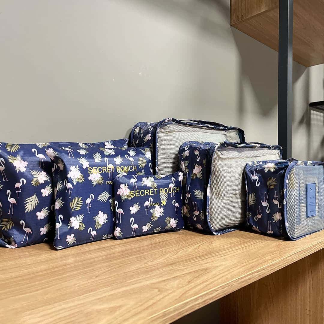 Kit Organizador De Mala 6 Peças Flamingo Azul Kit Organizador De Mala 6 Peças Flamingo Azul