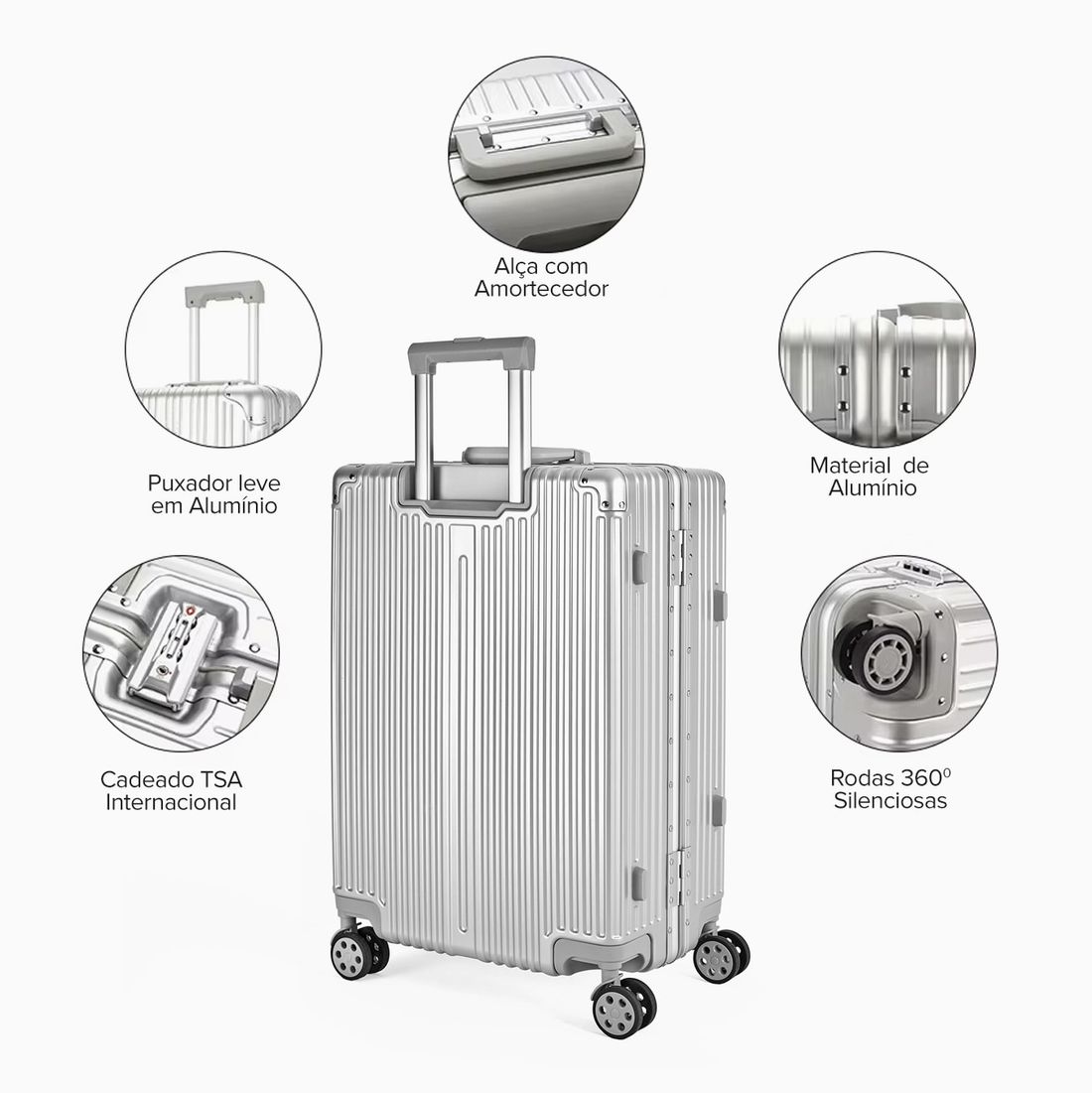 Mala de Viagem Média 23kg Policarbonato ABS Noruega Maloa Prata