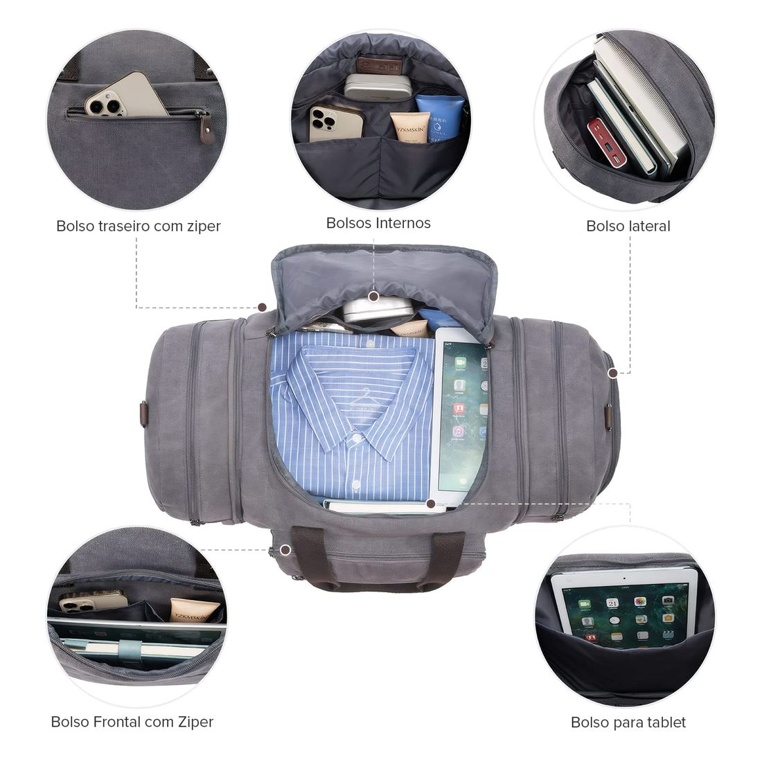 Bolsa de Viagem com Expansor Canvas Duffel Bags Cinza Bolsa de Viagem com Expansor Canvas Duffel Bags Cinza