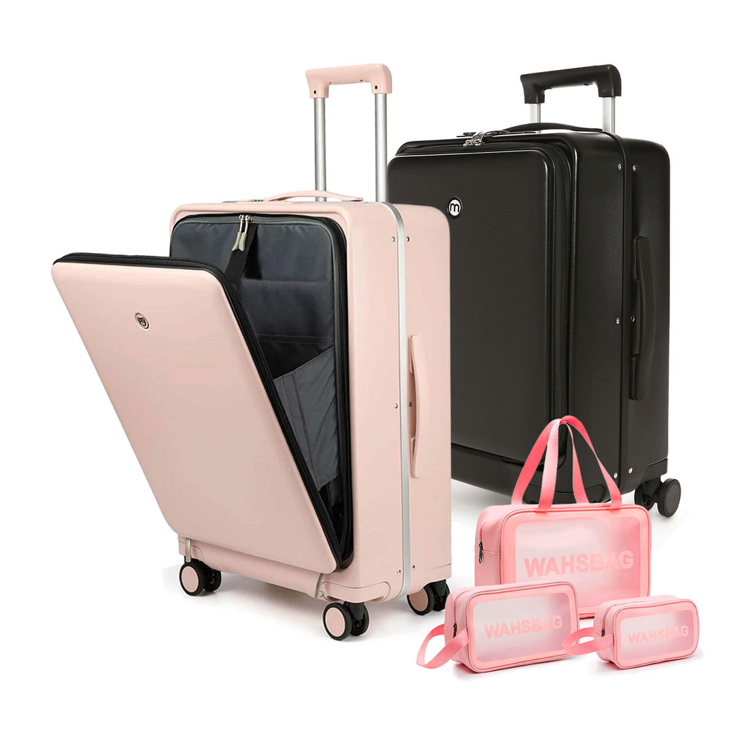 Kit Malas de Bordo 10kg Belgica Maloa Rosa e Preto em Policarbonato com Kit Washbag Rosa Kit Malas de Bordo 10kg Belgica Maloa Rosa e Preto em Policarbonato com Kit Washbag Rosa