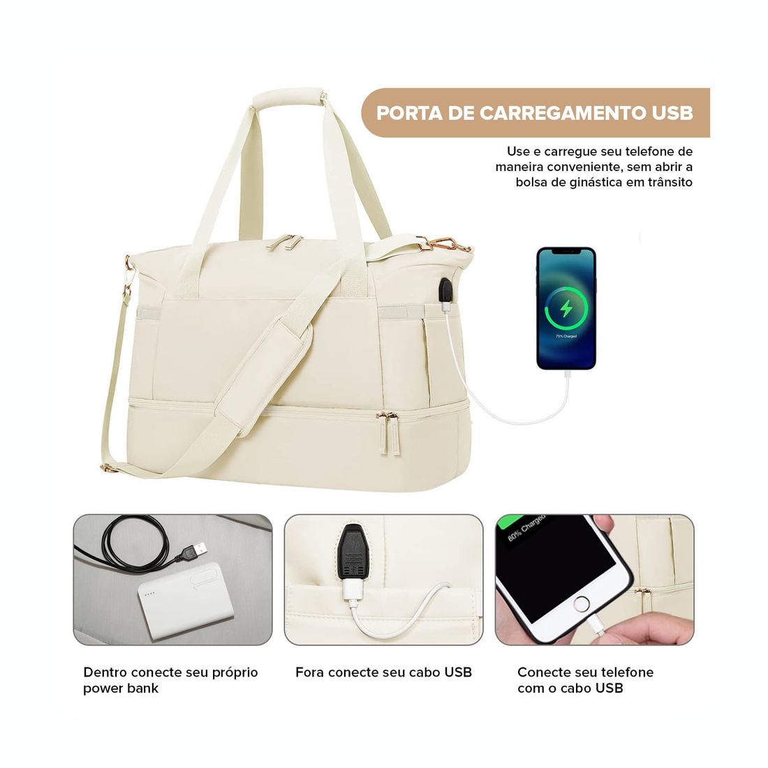 Kit de Mala Pequena de Bordo 10 kg Brasil Branco, Bolsa Journey Bege e Kit Frascos 7 Peças Rosa