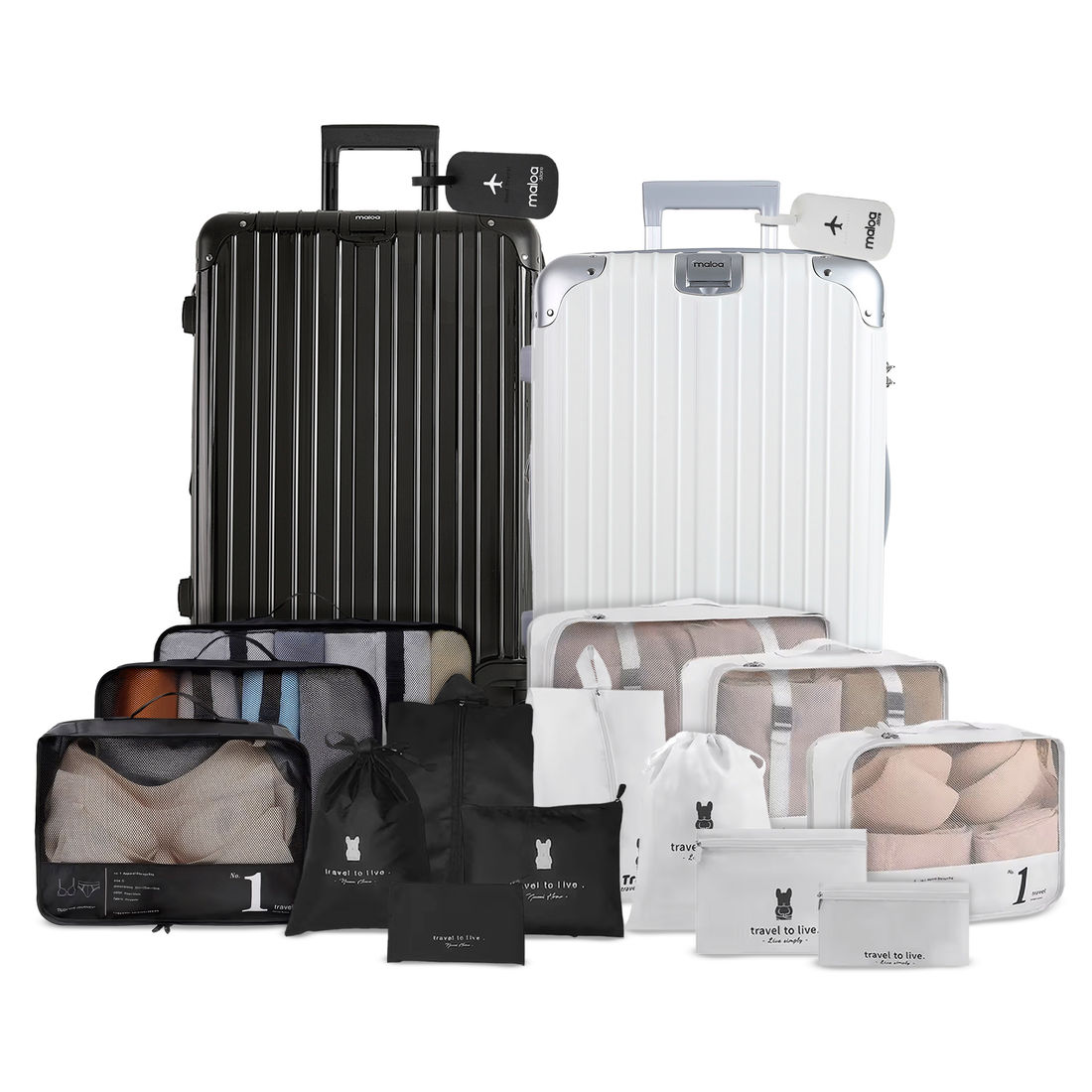 Kit de Mala Pequena de Bordo Brasil Preta e Branca com Tag Good Travel Preta e Branca e 2 Kits Organizadores Travel to Live