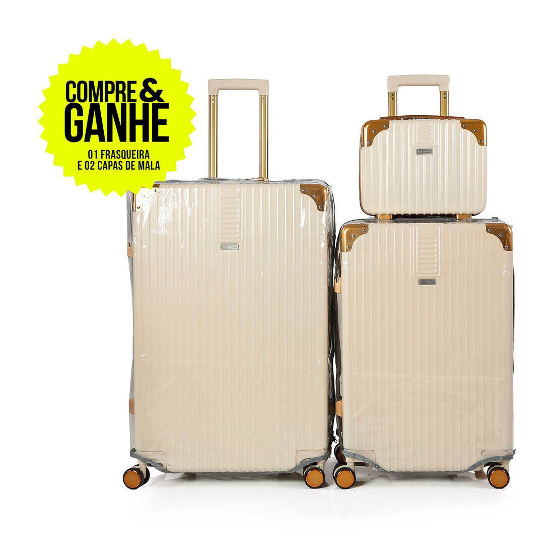 Compre Kit de Malas de Viagem Toronto Bege Media 23kg, Grande 32kg e Frasqueira e GANHE 2 Capas Transparentes Cinza