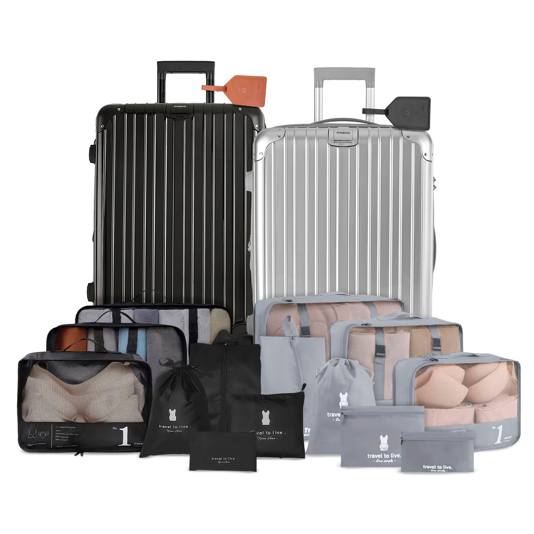 Kit de Mala Pequena de Bordo Brasil Preta e Prata, Tag de Couro Preta e Marrom e 2 Kits Organizadores Travel to Live