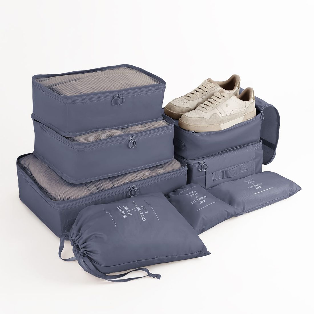 Kit de Mala Pequena de Bordo Suécia Preta e Branca com Organizador de Malas Colorful Life Cinza e Bege