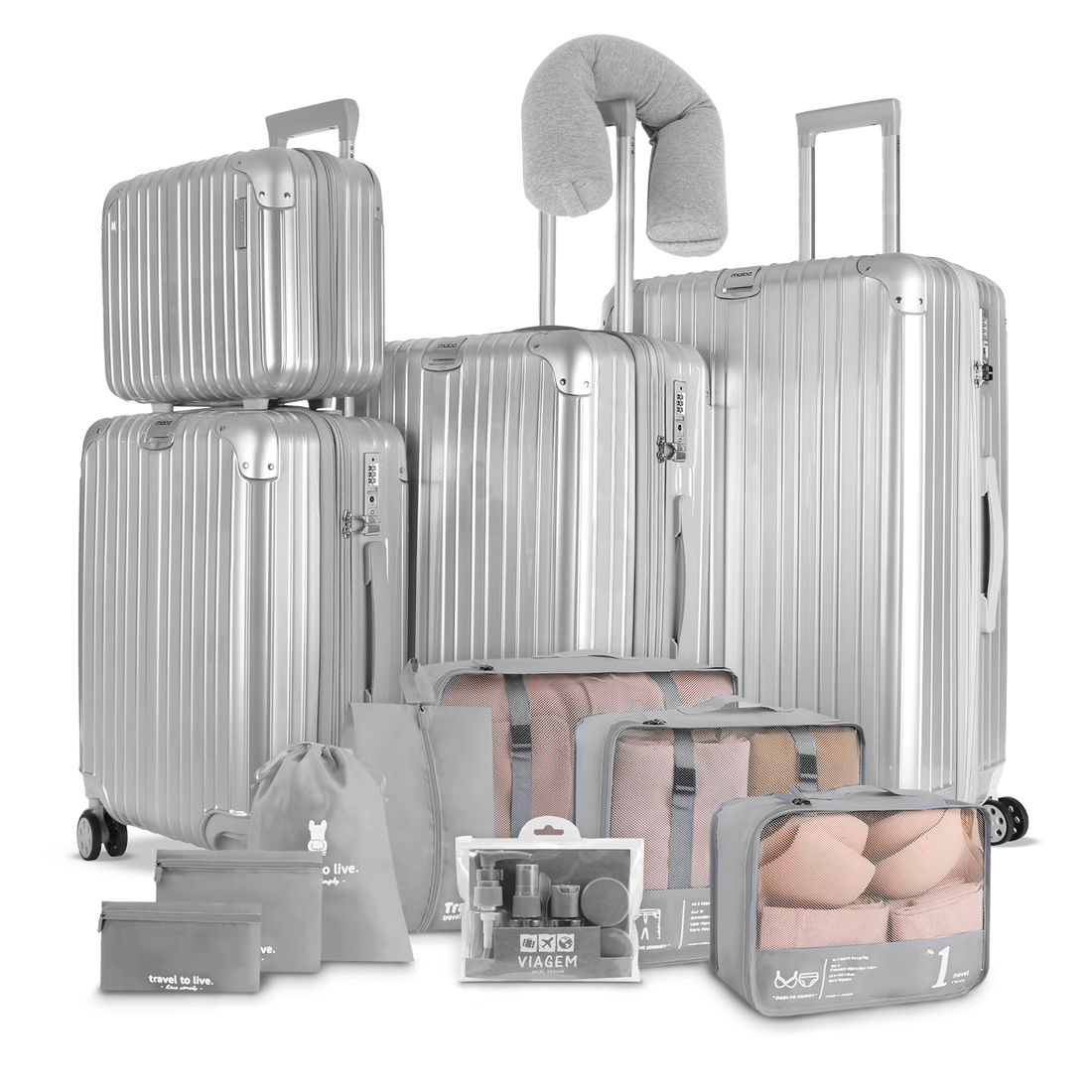 Kit Completo Brasil Prata, Almofada de Pescoço, Kit Frasco 7 Pecas e Organizador de Malas Travel to Live Cinza Kit Completo Brasil Prata, Almofada de Pescoço, Kit Frasco 7 Pecas e Organizador de Malas Travel to Live Cinza