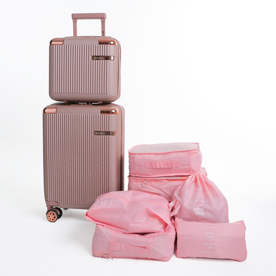 Conjunto de Mala Pequena de Bordo 10kg e Frasqueira Croacia Maloa Rose com Kit de Organizador de 8 Peças com Cinta Rosa