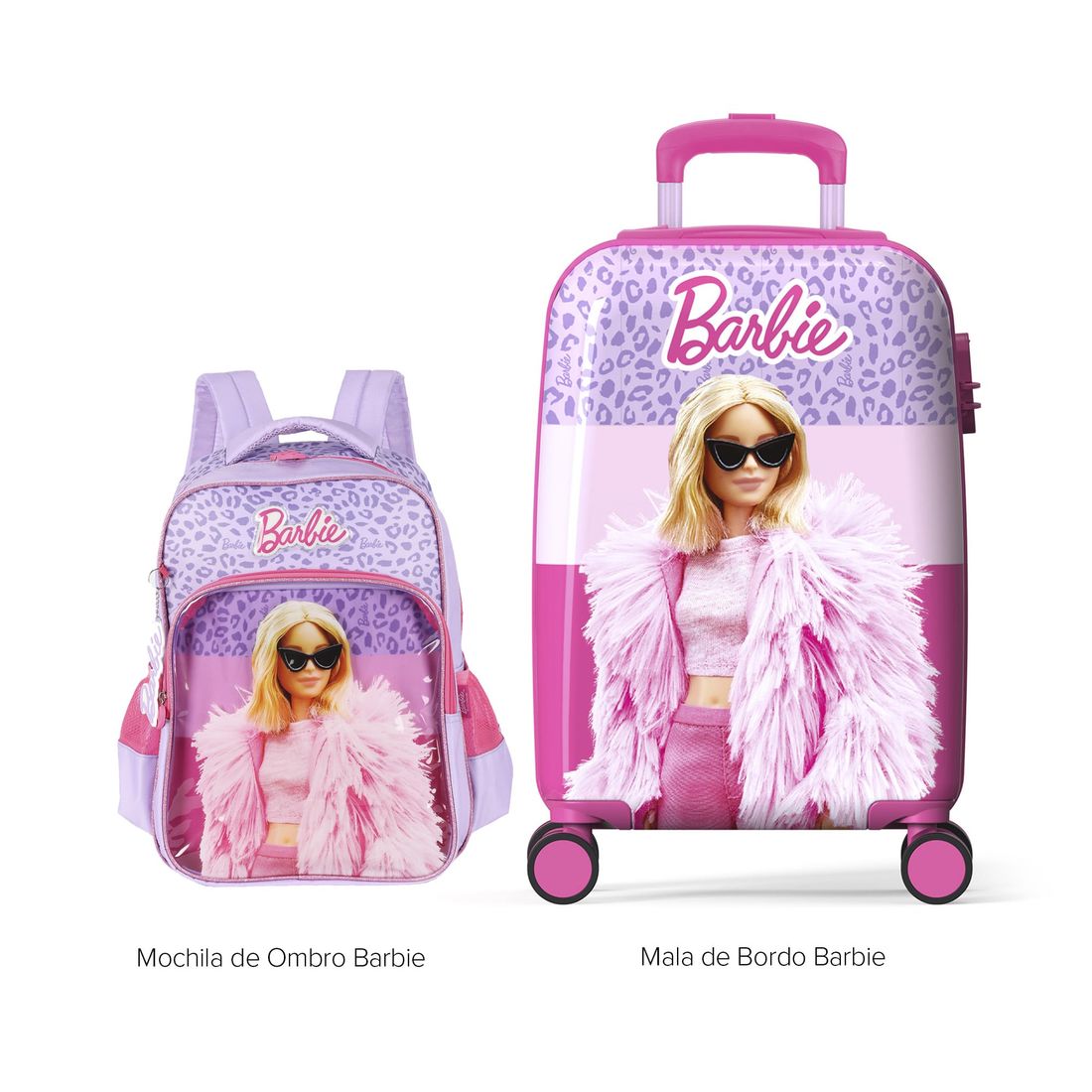 Conjunto de Mala de Bordo 10 kg e Mochila Infantil Barbie Pink
