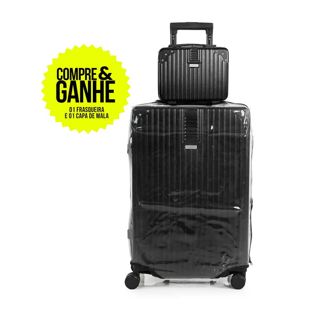 Compre Mala de Viagem Toronto Preto Grande 32kg em ABS Policarbonato e Ganhe Frasqueira e Capa Transparente