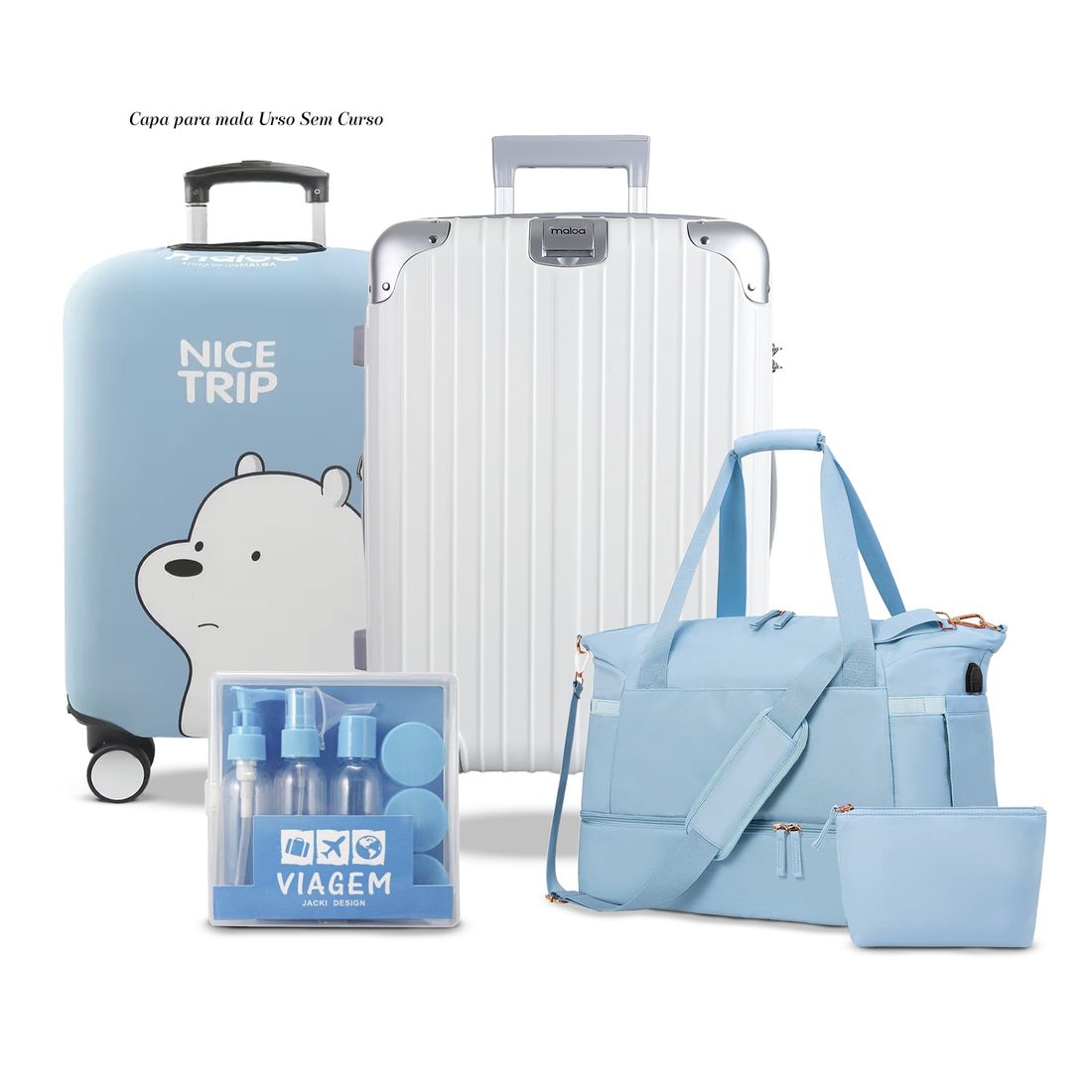 Kit de Mala Pequena de Bordo 10 kg Brasil Branco, Bolsa Journey Azul, Kit Frascos 9 Peças Celeste e Capa de Mala Urso sem Curso Azul Kit de Mala Pequena de Bordo 10 kg Brasil Branco, Bolsa Journey Azul, Kit Frascos 9 Peças Celeste e Capa de Mala Urso sem Curso Azul