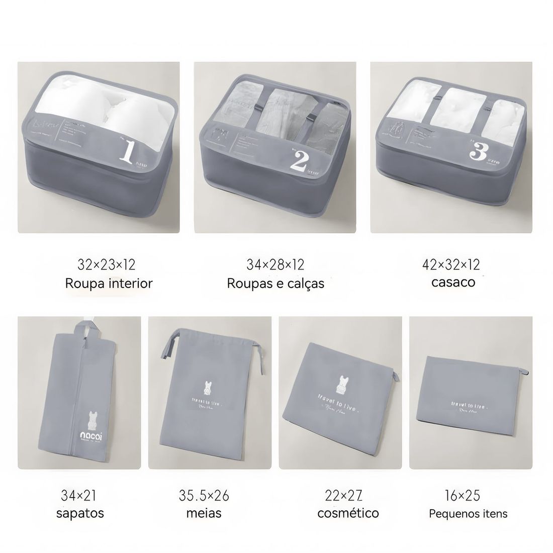 Kit Mala de Bordo 10kg e 23kg  Brasil Maloa Branco PC e ABS com 2 Kits Organizadores Travel To Live Cinza