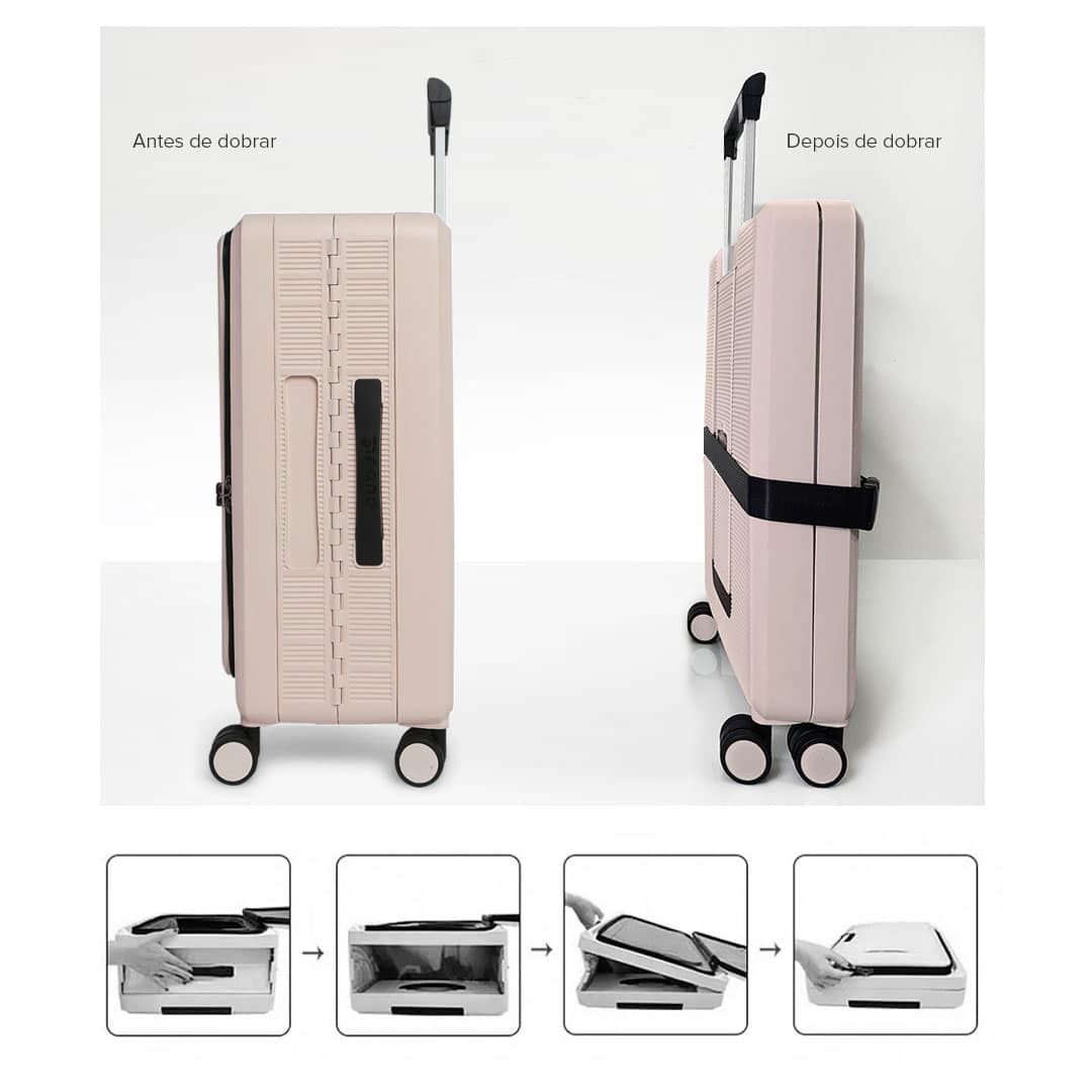 Mala de Viagem Pequena de Bordo 10Kg em Polipropileno 8 Rodas Dobravel Slim Cor:Nude