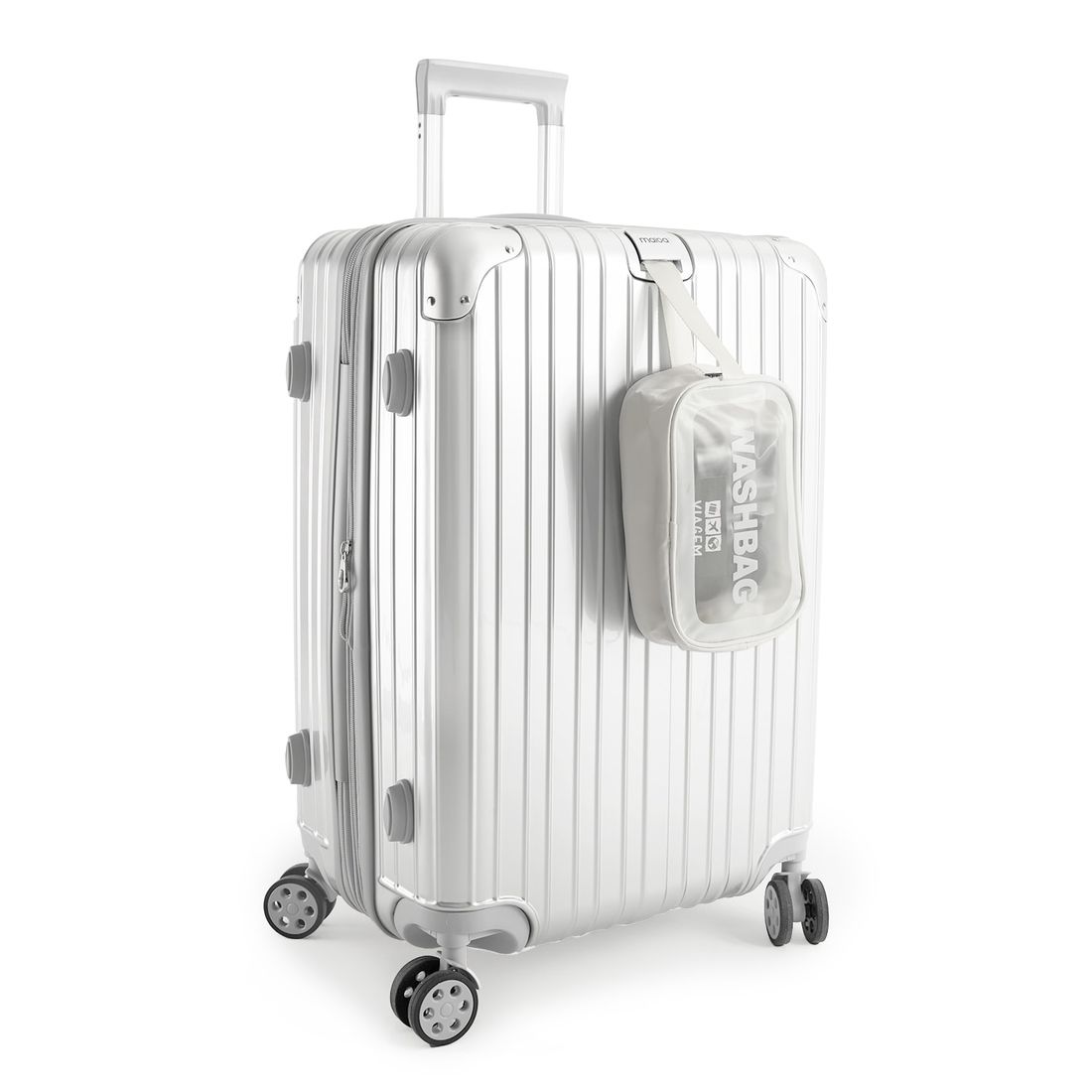 Kit Mala de Viagem Pequena de Bordo 10kg Brasil Prata e Mala Brasil Grande 32kg Prata Kit Mala de Viagem Pequena de Bordo 10kg Brasil Prata e Mala Brasil Grande 32kg Prata