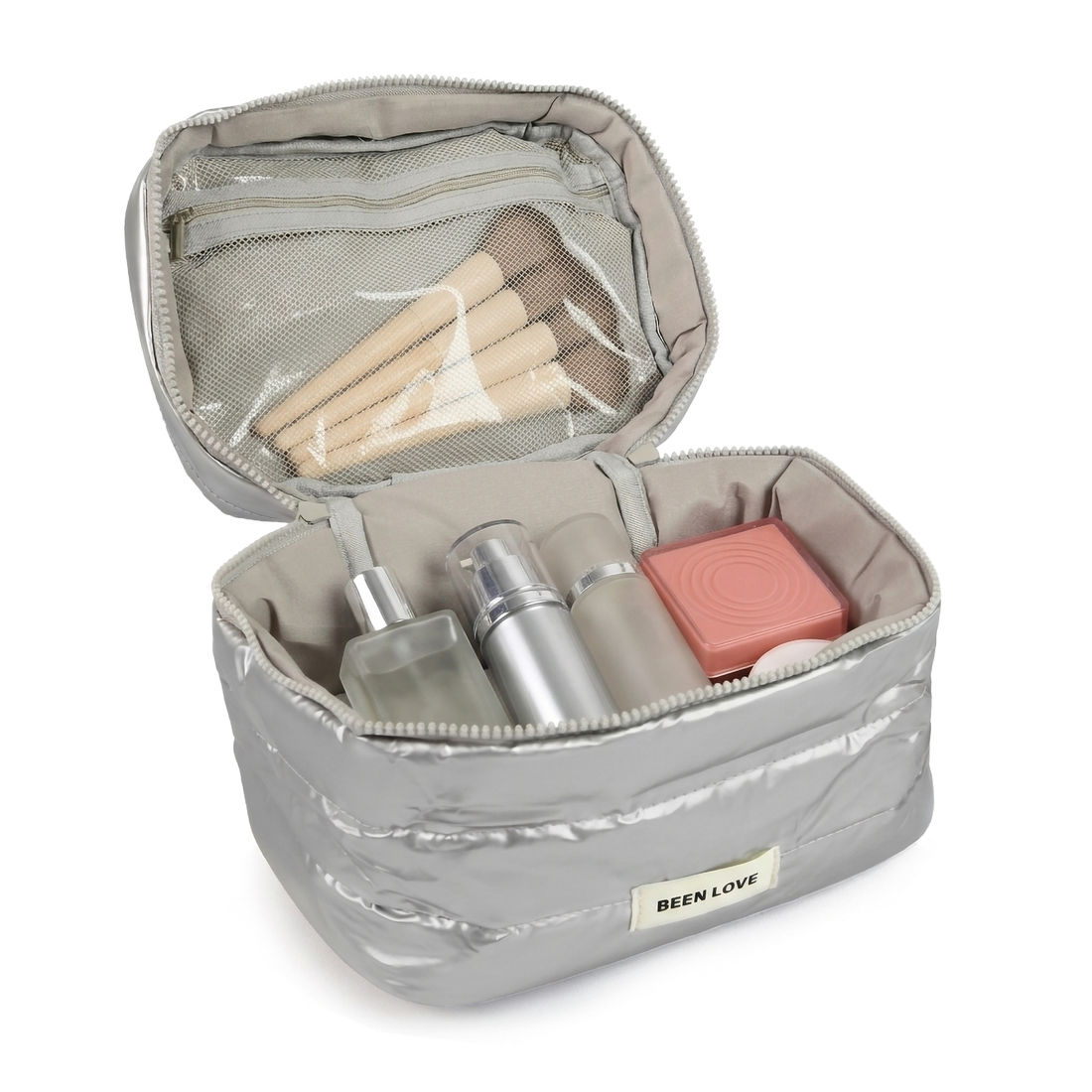 Kit de Acessórios Multifuncional com Necessaire, Porta Passaporte e Porta Notebook 14 Polegadas Puffer Maloa Prata