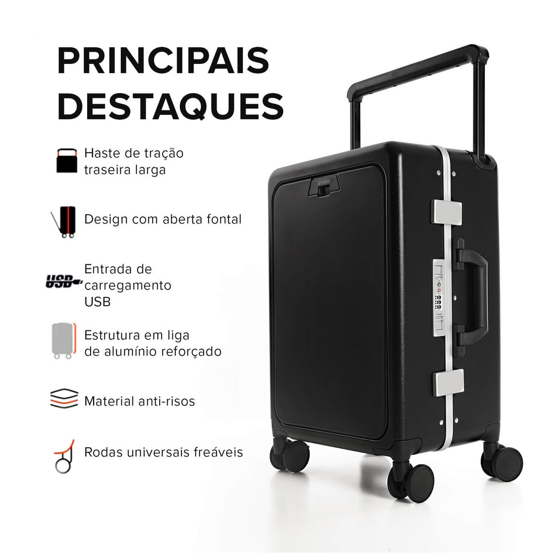 Mala de Viagem Pequena de Bordo 10 kg em Policarbonato Berlim Maloa Preto