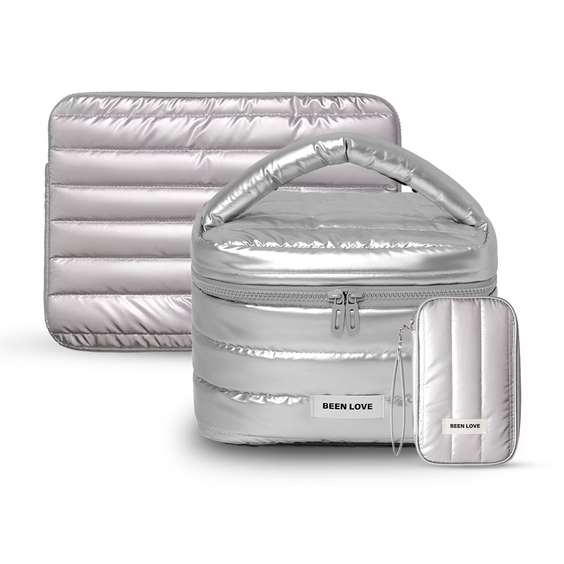 Kit de Acessórios Multifuncional com Necessaire, Porta Passaporte e Porta Notebook 14 Polegadas Puffer Maloa Prata