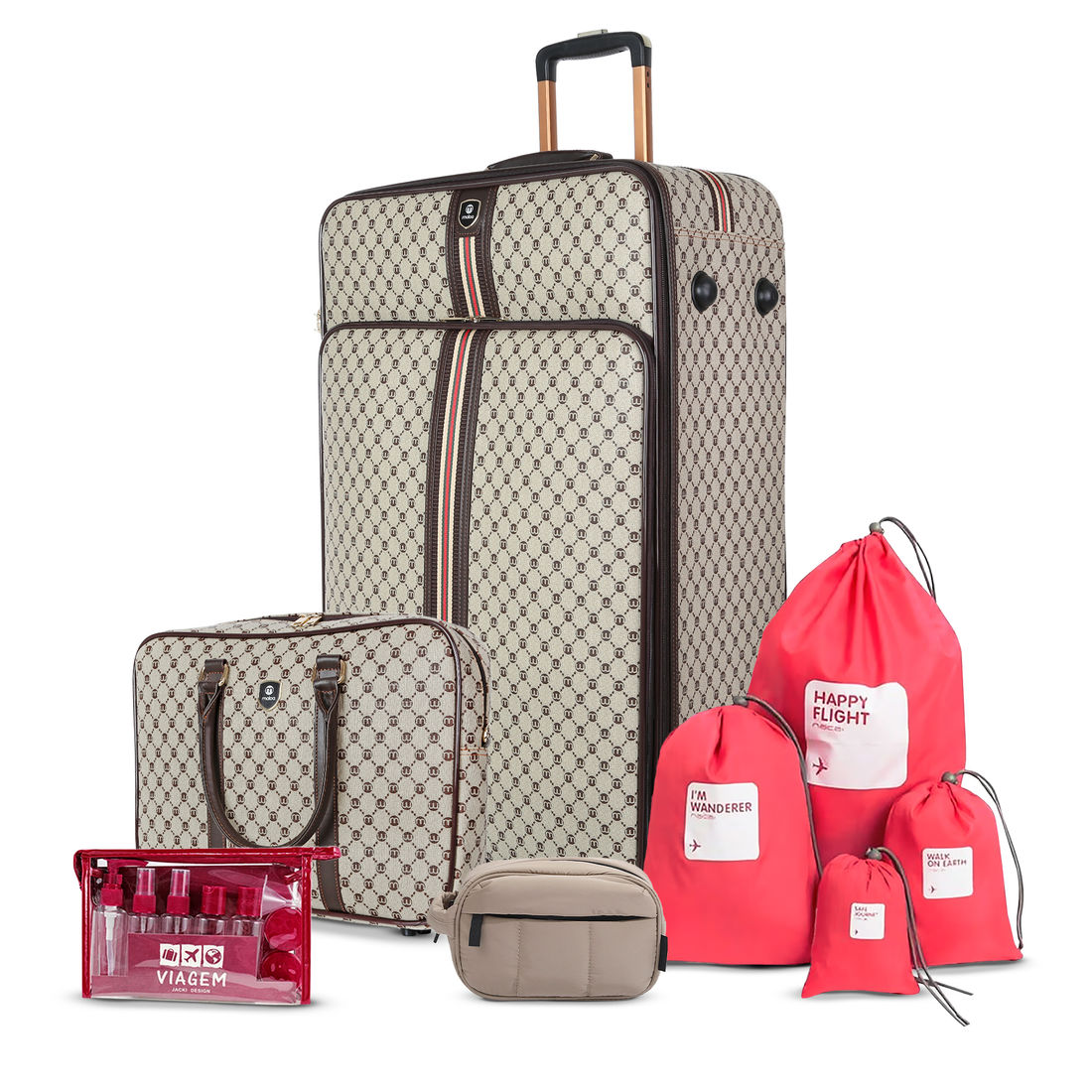 Kit de Mala Grande 32 kg Amsterdam, Bolsa de Mao, Saco Organizador Melancia, Kit Frasco 10 Peças Vinho e Nécessaire Confort Chocolate