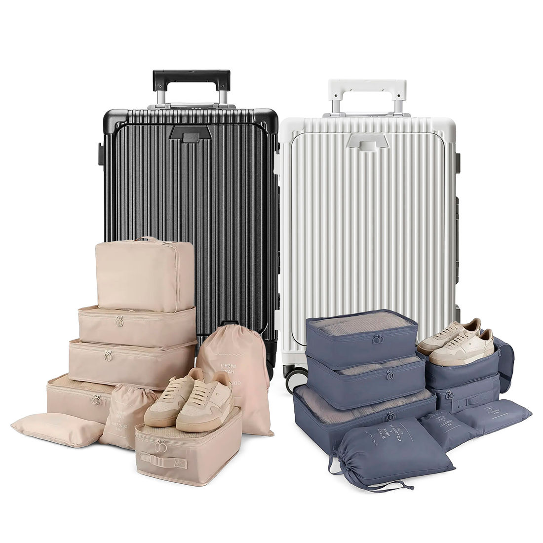 Kit de Mala Pequena de Bordo Suécia Preta e Branca com Organizador de Malas Colorful Life Cinza e Bege