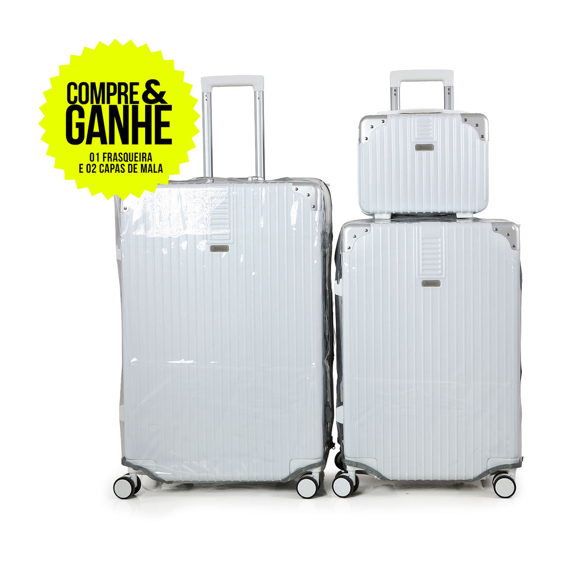 Compre Kit de Malas de Viagem Toronto Branca Media 23kg, Grande 32kg e Frasqueira e GANHE 2 Capas Transparentes Cinza