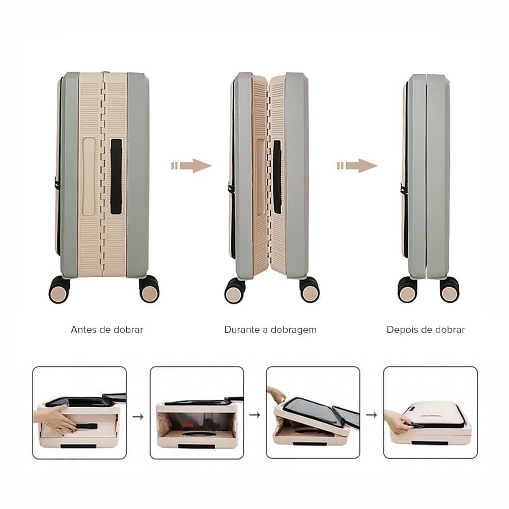 Mala de Viagem Pequena de Bordo 10Kg em Polipropileno 8 Rodas Dobravel Slim Cor:Bege com Cinza Mala de Viagem Pequena de Bordo 10Kg em Polipropileno 8 Rodas Dobravel Slim Cor:Bege com Cinza