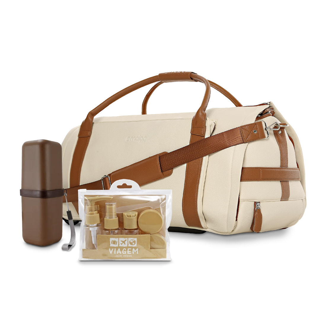 Kit Bolsa de Viagem 9 em 1 Bege, Kit Frasco 7 Pecas Bege e Porta Escova de Dente Marrom Kit Bolsa de Viagem 9 em 1 Bege, Kit Frasco 7 Pecas Bege e Porta Escova de Dente Marrom