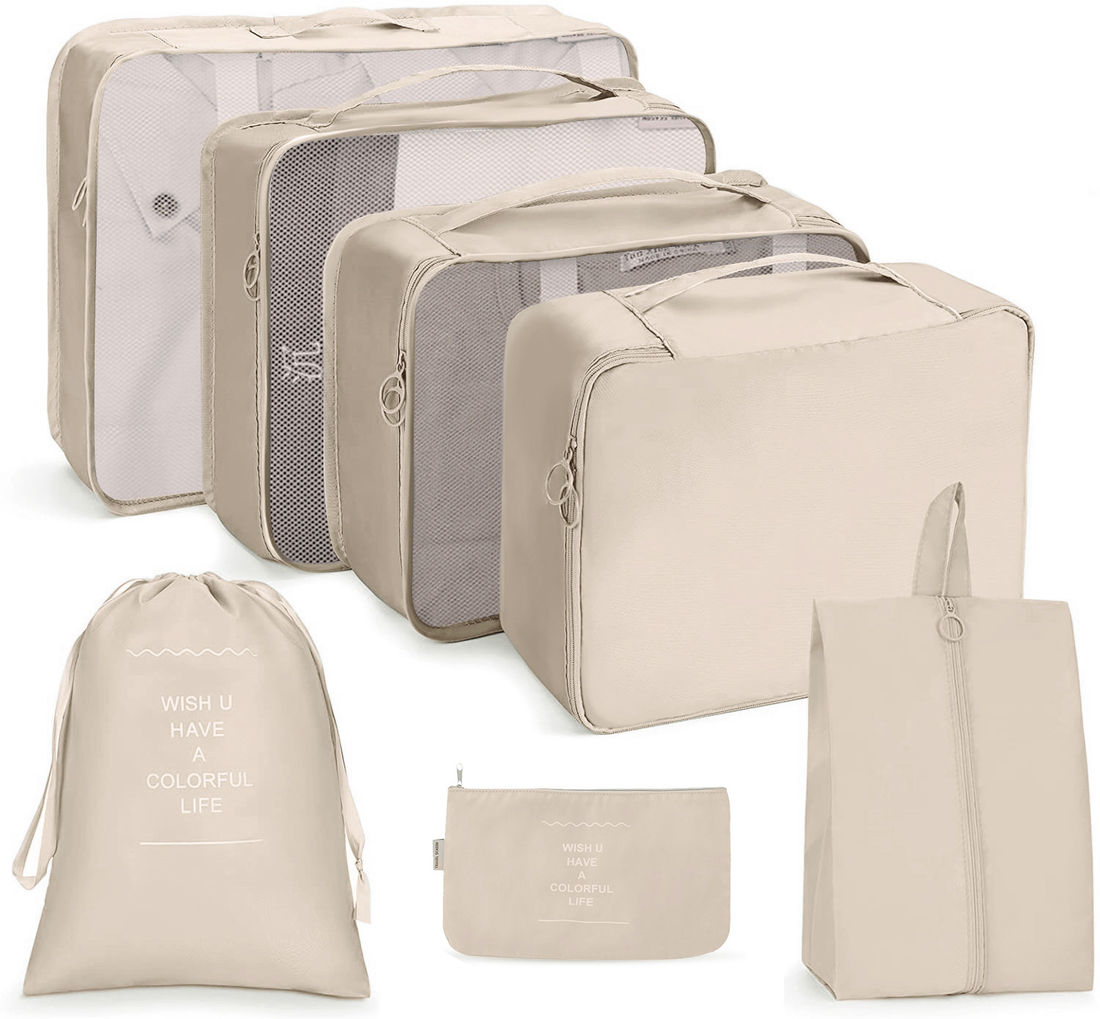 Kit Malas de Bordo 10kg Veneza Maloa Branco e Preto em Policarbonato com Kit Organizador 7 Peças Bege