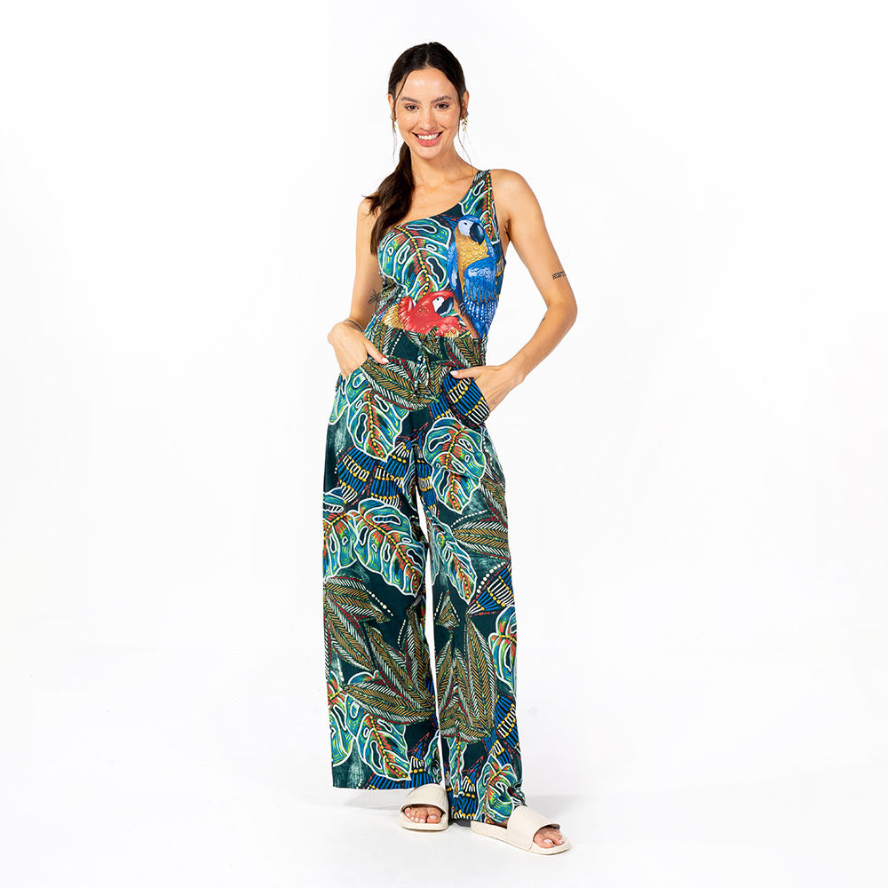 Calça Feminina Ampla Atena Estampada Araras Folhagens Etnicas