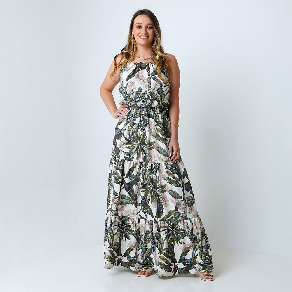 Vestido Feminino Aurora Estampado Folhagens Fundo Linho Off
