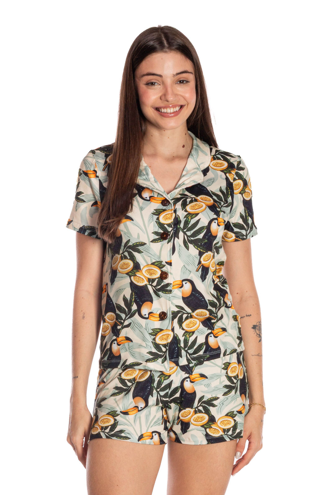 Pijama Feminino Manga Curta Americano Estampado Tucano Maracuja Folhas Pijama Feminino Manga Curta Americano Estampado Tucano Maracuja Folhas