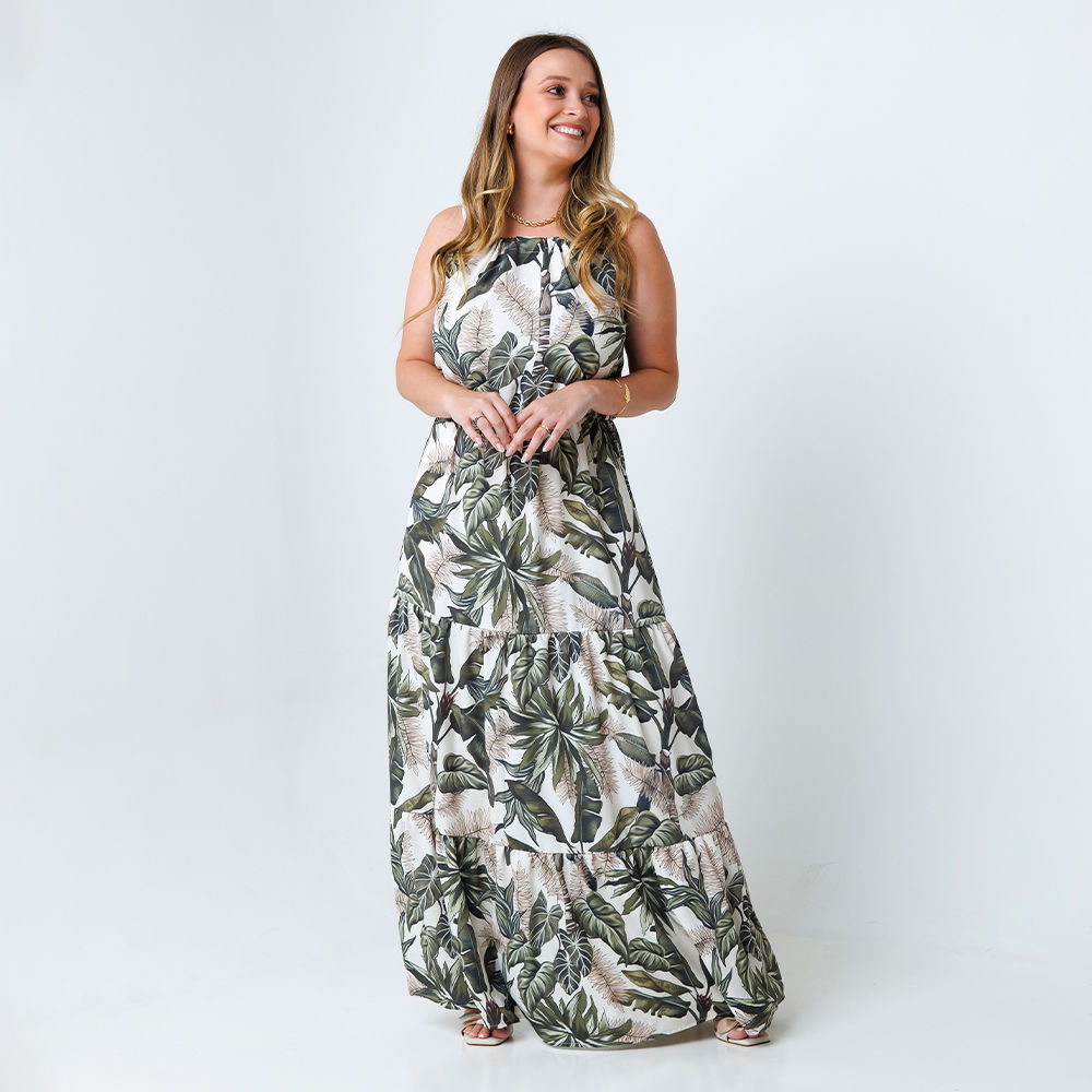 Vestido Feminino Aurora Estampado Folhagens Fundo Linho Off