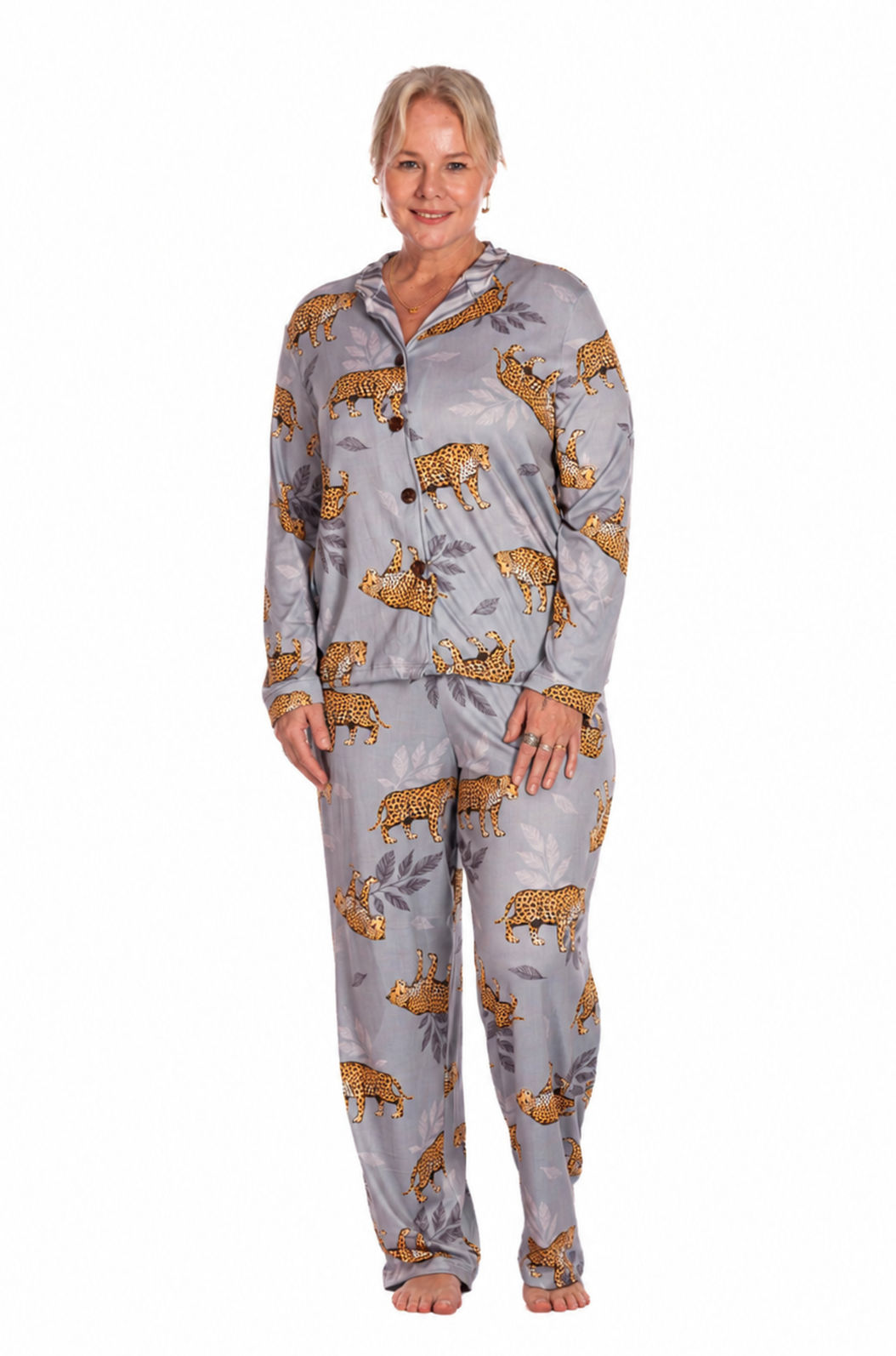 Pijama Feminino Manga Longa Americano Estampado Onça Listras Folhas