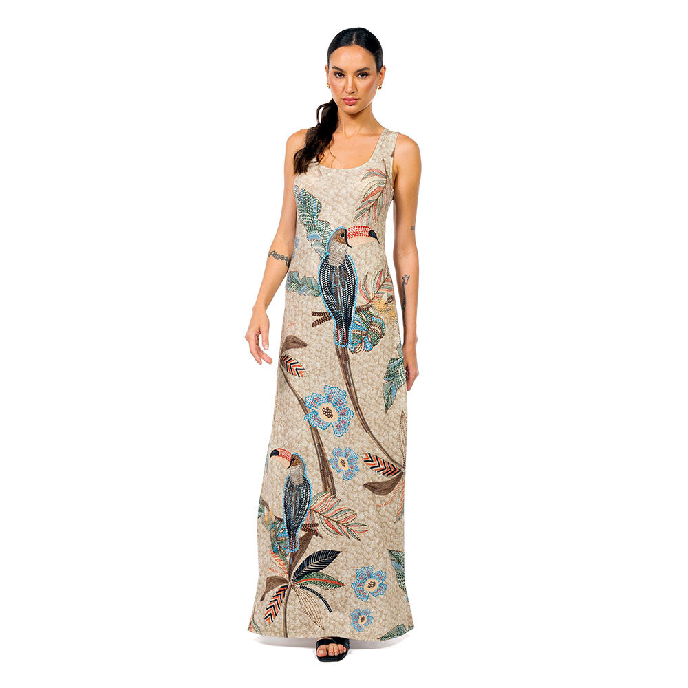 Vestido Feminino Hortência Estampado Tucaninhos Bordados