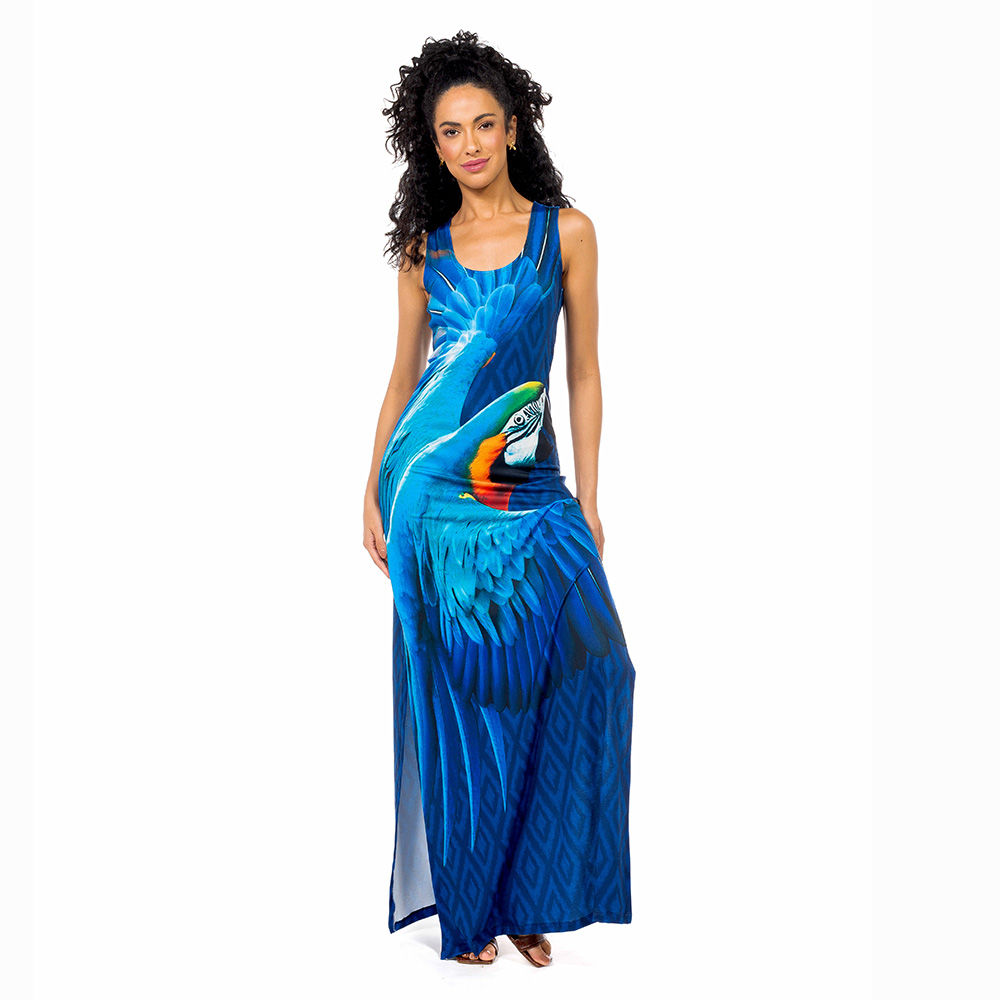 Vestido Feminino Hortência Estampado Maxi Arara Fundo Azul