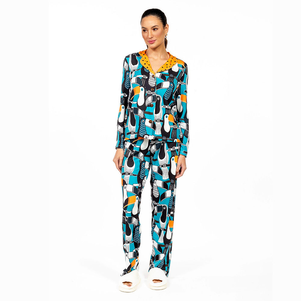 Pijama Feminino Manga Longa Americano Estampado Tucano Vetor Pontos