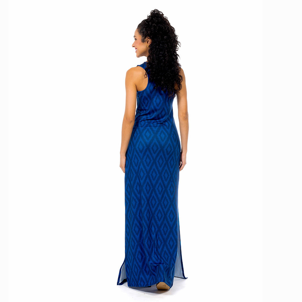 Vestido Feminino Hortência Estampado Maxi Arara Fundo Azul