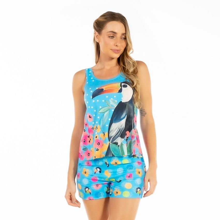 Pijama Feminino Adulto Estampado Tucano Flor Bola Fundo Azul