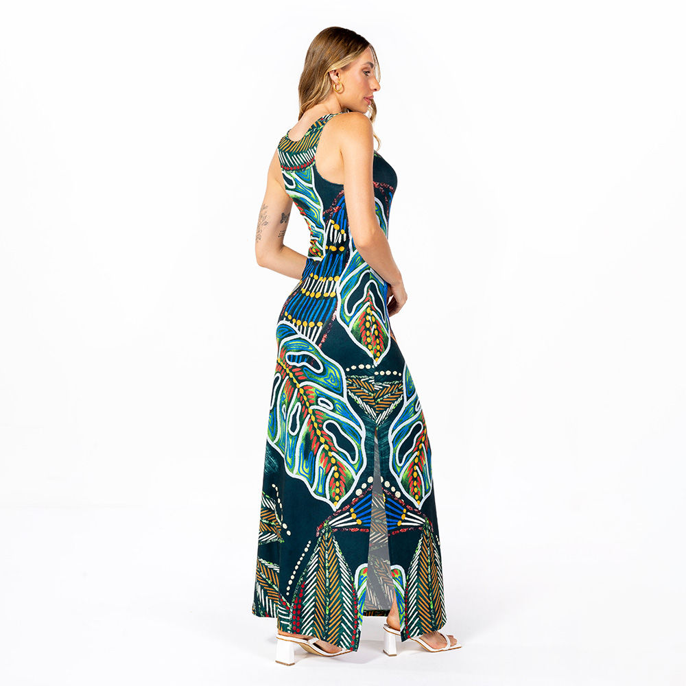 Vestido Feminino Hortência Estampado Araras Folhagens Etnicas