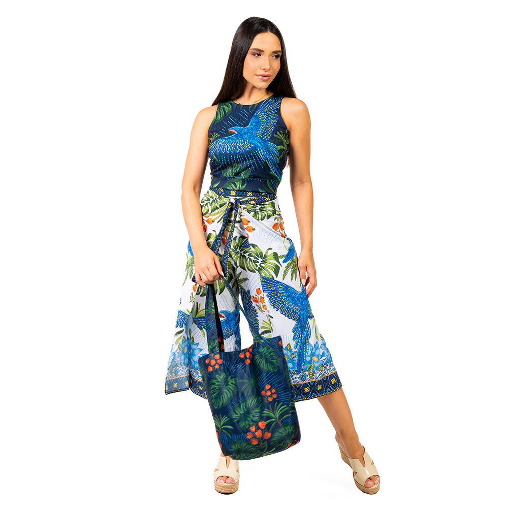 Calça Feminina Transpassada Estampada Arara Bordado Barra Fundo Azul
