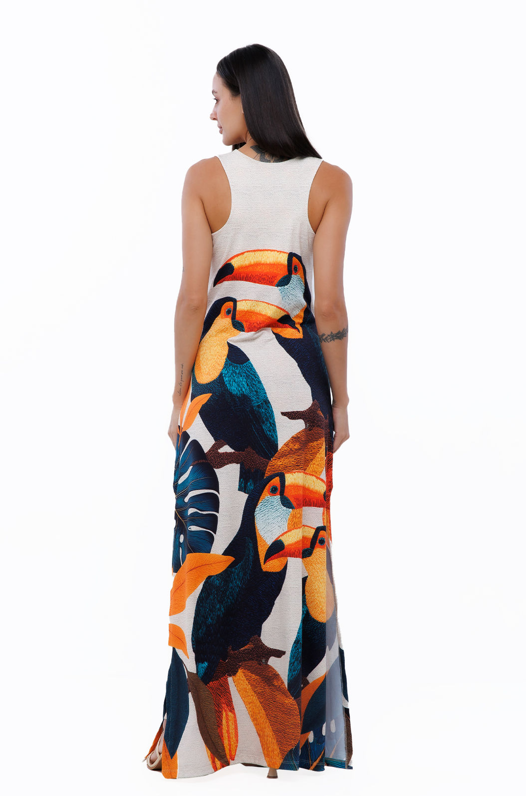 Vestido Feminino Hortência Estampado Tucanos Tela Bordada