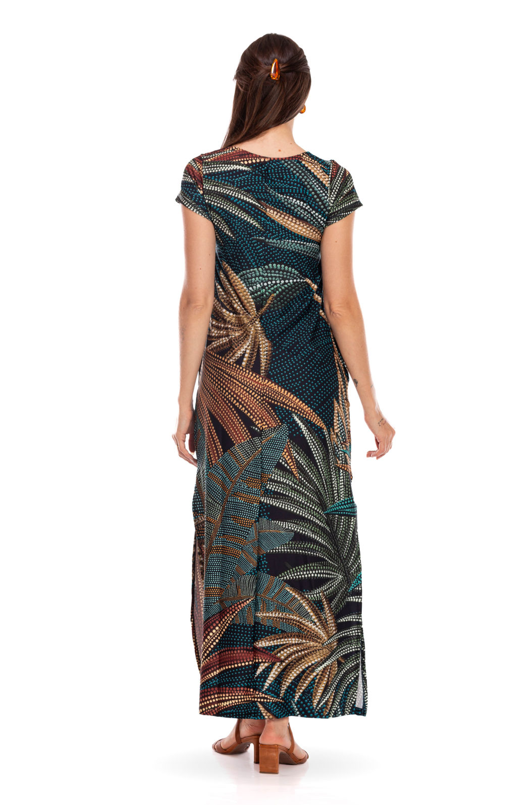 Vestido Feminino Fluid Longo Estampado Onças Pontos de Luz Vestido Feminino Fluid Longo Estampado Onças Pontos de Luz