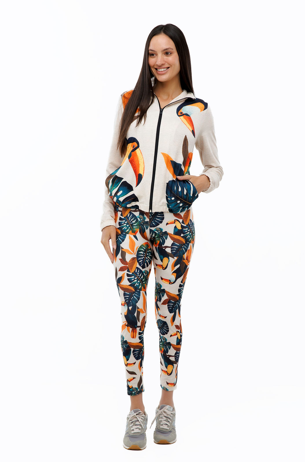 Calça Feminina Legging Estampada Tucanos Tela Bordada