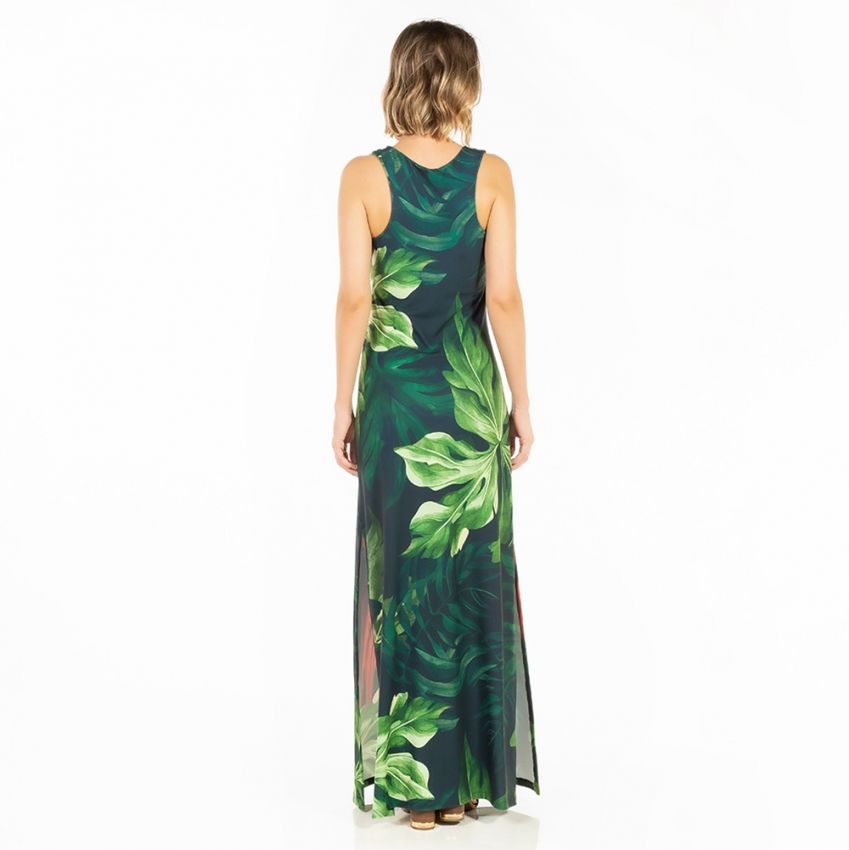 Vestido Feminino Hortência Estampado Casal Araras Fundo Folhagem